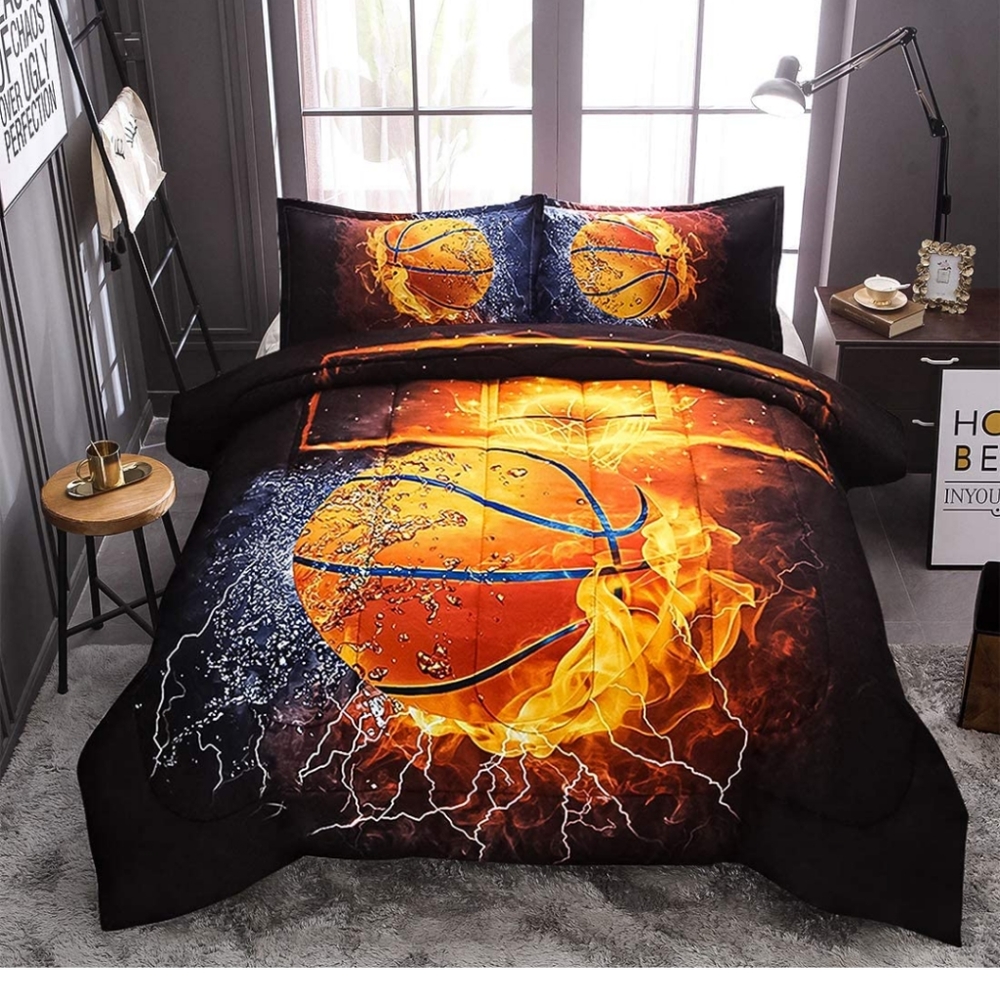 Full size 3 piece Duvet Set and 4 piece sheet set with basketball and fire print